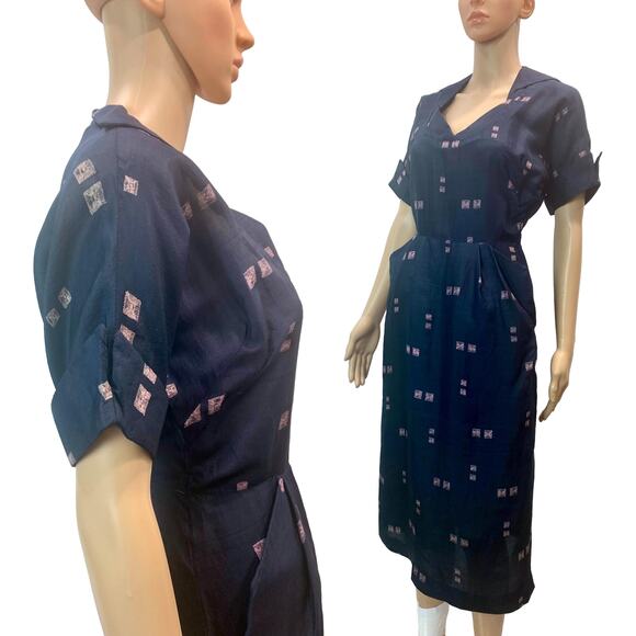 Vintage 1940s Navy Silk Dress – WWII Era Day Dress with Atomic Print - Picture 5 of 10